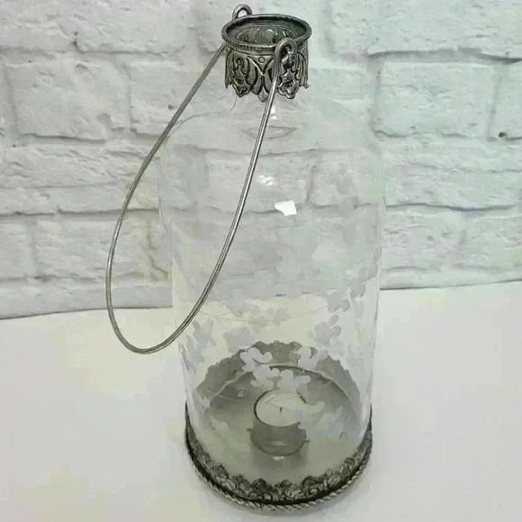 Large 14" Jug  Etched Crystal Tea Votive Candle Holder Silver Metal Handle - Picture 10 of 15